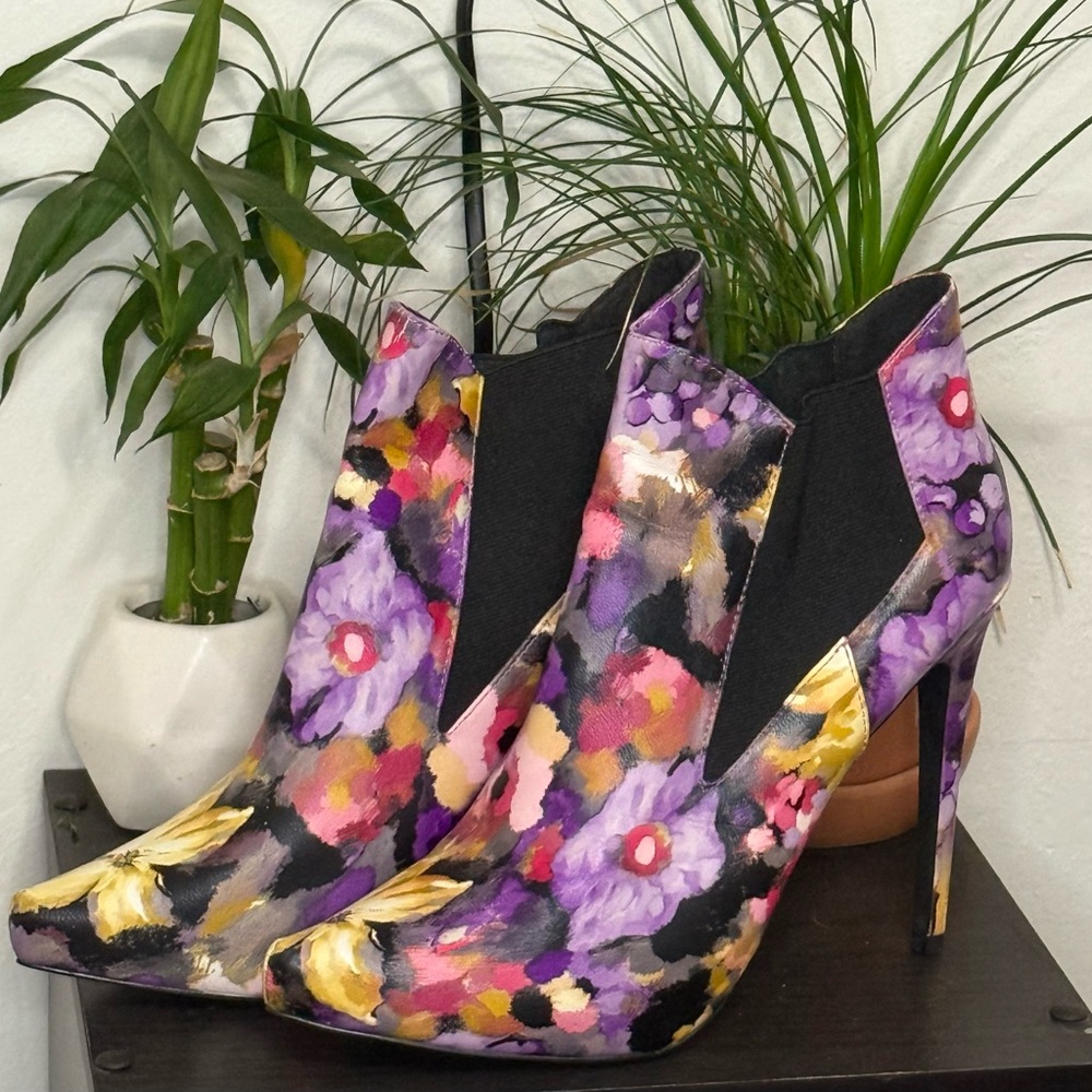Purple and Pink Floral Ankle Booties with Stiletto Heel